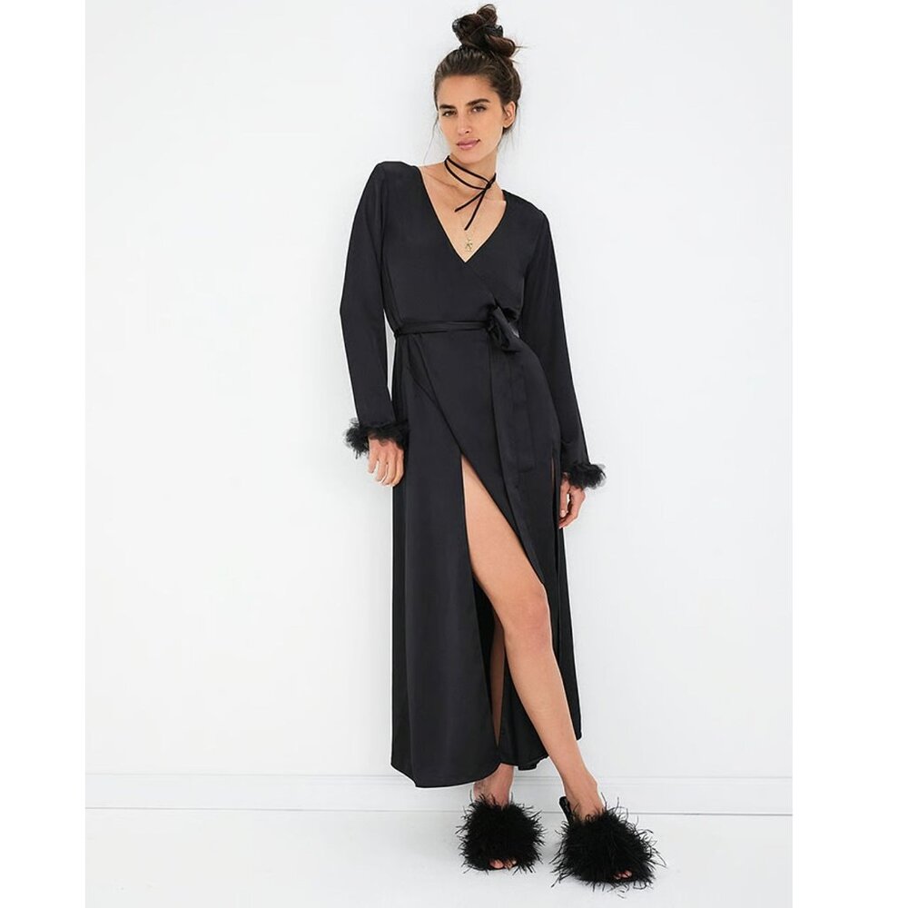 For Love and Lemons Victoria Secret Floral Trim Robe Satin Maxi Black Med
